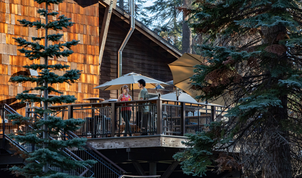 Two people conversing on a balcony of a rustic lodge surrounded by trees.
