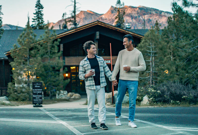 Two Sequoia visitors in front of Wuksachi Lodge