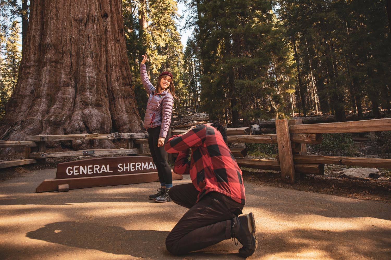 Two Sequoia visitors taking photos at the base of the General Sherman Tree